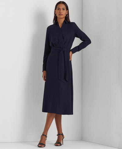 Shop Lauren Ralph Lauren Women's Self-belt Long-sleeve Surplice Georgette Midi Dress In Dark Rinse Wash