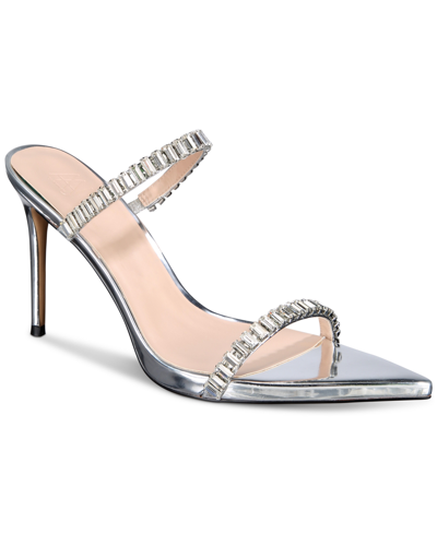 Shop Aaj By Aminah Laila Rhinestone Slip-on Dress Sandals In Metallic Silver