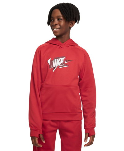 Shop Nike Big Kids Therma-fit Logo-print Fleece Hoodie In University Red