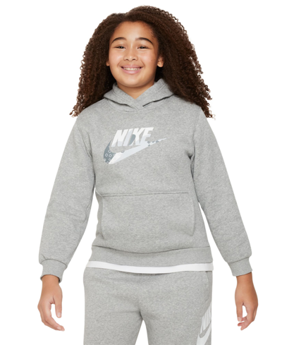 Shop Nike Big Kids Sportswear Club Fleece Graphic Hoodie, Extended Size In Dark Grey Heather