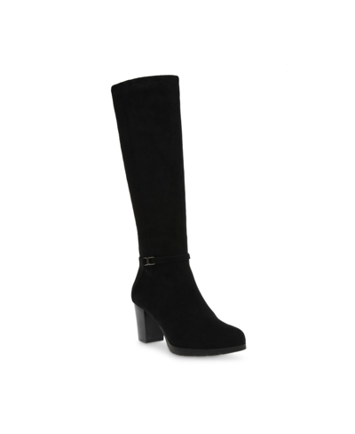 Shop Anne Klein Women's Reachup Round Toe Knee High Boots In Black Microsuede