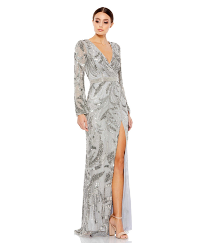 Shop Mac Duggal Women's Sequin Wrap Long Sleeve Gown In Platinum