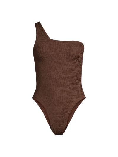 Shop Hunza G Women's Nancy One-shoulder One-piece Swimsuit In Metallic Chocolate