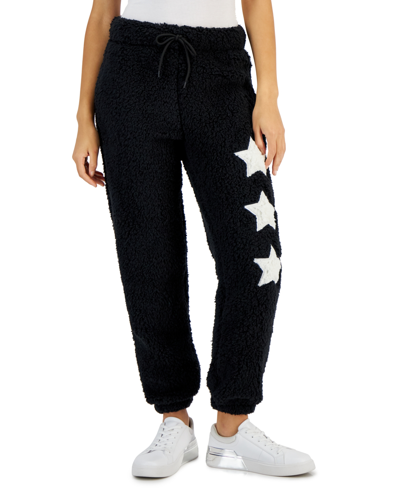 Shop Crave Fame Juniors' High-rise Sherpa Patch Joggers In Black Stars
