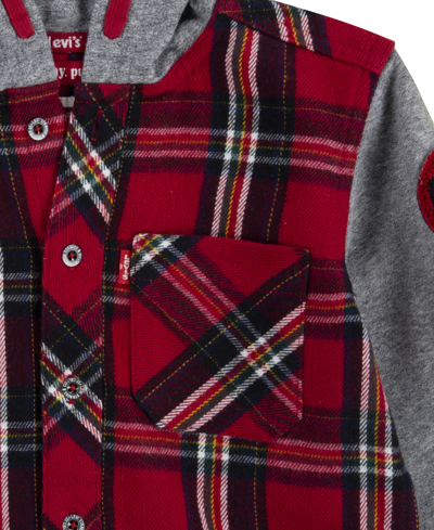 Shop Levi's Toddler Boys Flannel Plaid Long Sleeve Hooded Shacket In Chili Pepper