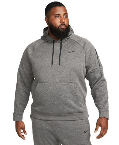 Shop Nike Men's Therma-fit Long-sleeve Logo Hoodie In Charcoal Heather,black