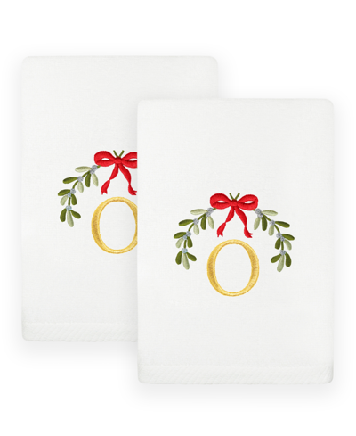 Linum Home Christmas Mistletoe Monogram White Embroidered Luxury Turkish Cotton Hand Towels, 2 Piece Set In White