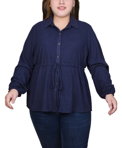 Shop Ny Collection Plus Size Long Dolman Sleeve Drawstring-waist Tunic Top In Dark Denim