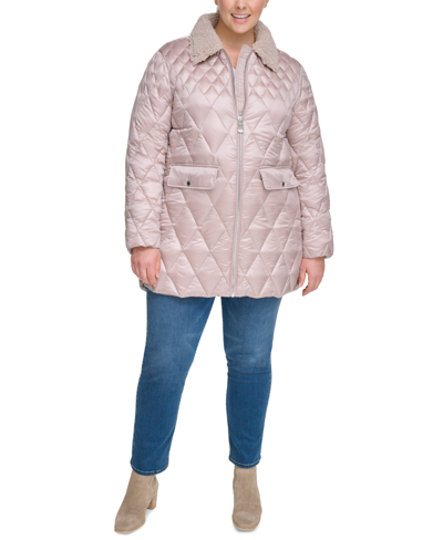 Shop Calvin Klein Plus Size Faux-fur-collar Quilted Coat In Pearlized Cappuccino