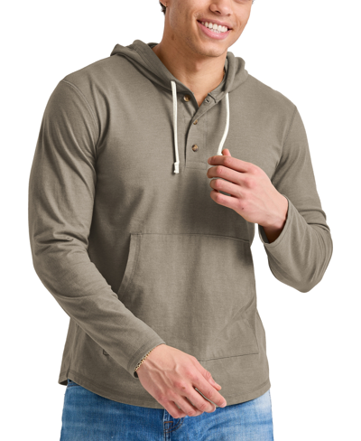 Shop Alternative Apparel Men's Hanes Originals Cotton Henley Hooded Sweatshirt In Oregano Heather
