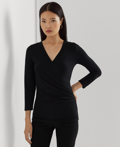 Shop Lauren Ralph Lauren Women's Ruched Surplice Jersey Top In Polo Black