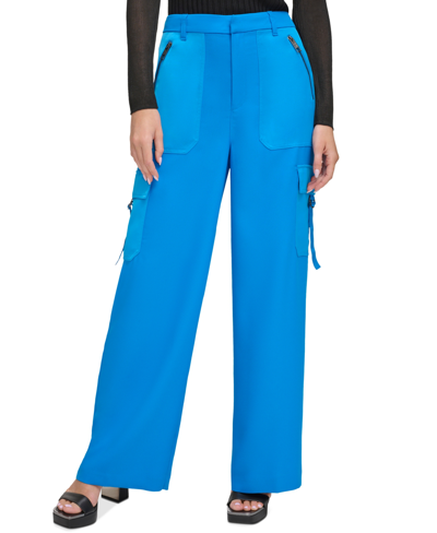 Shop Dkny Women's Satin Side-pocket Wide-leg Cargo Trousers In Electric Blue