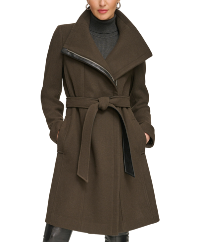 Shop Dkny Women's Asymmetrical Belted Funnel-neck Wool Blend Coat In Loden