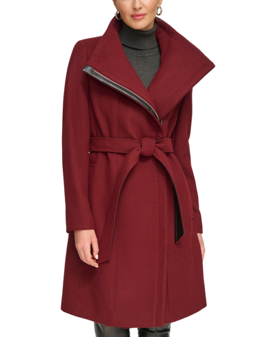 Shop Dkny Women's Asymmetrical Belted Funnel-neck Wool Blend Coat In Wine