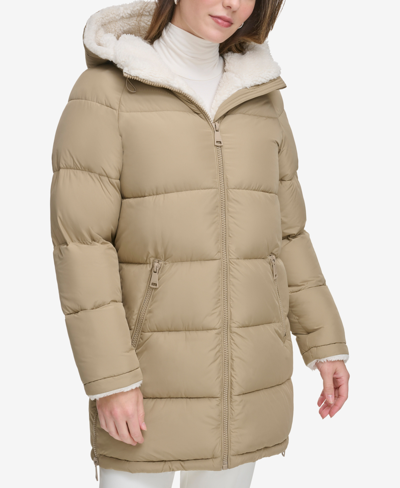 Shop Calvin Klein Women's Faux-fur-lined Hooded Puffer Coat In Saddle