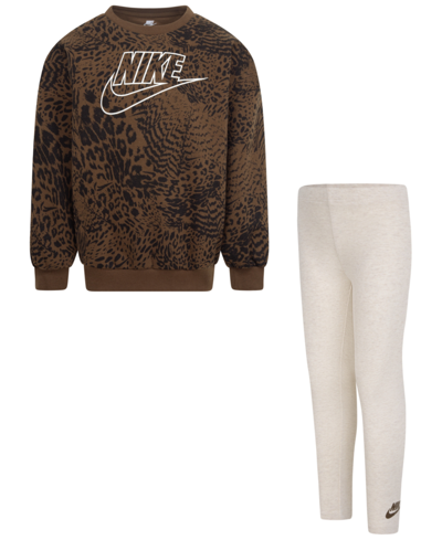 Shop Nike Little Girls Home Swoosh Crewneck Sweatshirt And Leggings, 2 Piece Set In Pale Ivory Heather