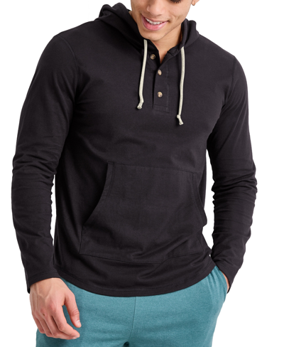 Shop Alternative Apparel Men's Hanes Originals Cotton Henley Hooded Sweatshirt In Black