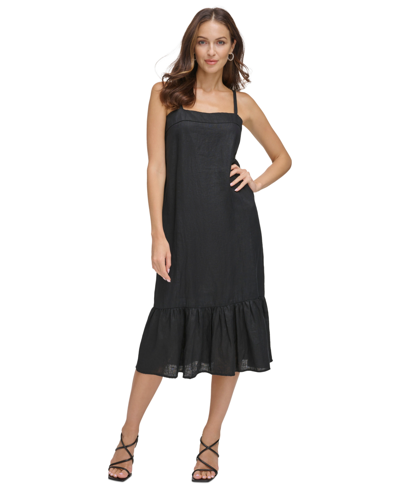 Shop Dkny Women's Solid Linen Sleeveless Tiered Midi Dress In Black