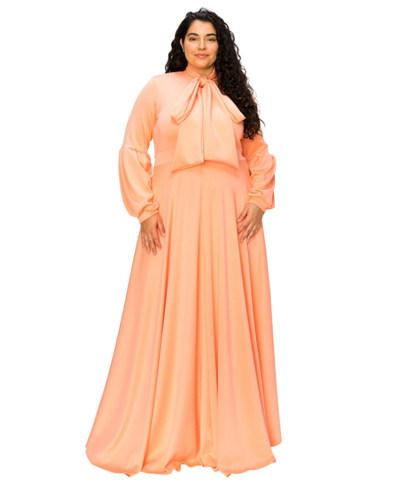 L I V D Plus Size Bella Donna Dress With Ribbon And Bishop Sleeves In Peach
