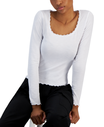 Shop Derek Heart Juniors' Lace-trime Square-neck Long-sleeve Top In Bright White