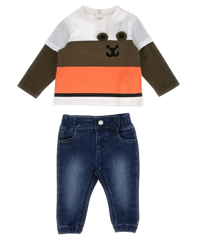 Shop Guess Baby Boys Jersey Bear Top And Denim Joggers, 2 Piece Set In Multi
