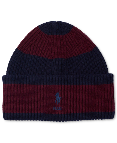 Shop Polo Ralph Lauren Men's Rugby Striped Cuff Big Beanie In Burgundy