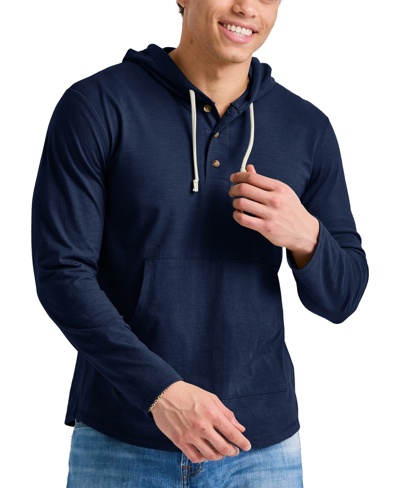 Shop Alternative Apparel Men's Hanes Originals Cotton Henley Hooded Sweatshirt In Athletic Navy