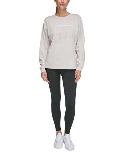 Shop Calvin Klein Performance Women's Metallic Logo Crewneck Long-sleeve Cotton T-shirt In Chalk
