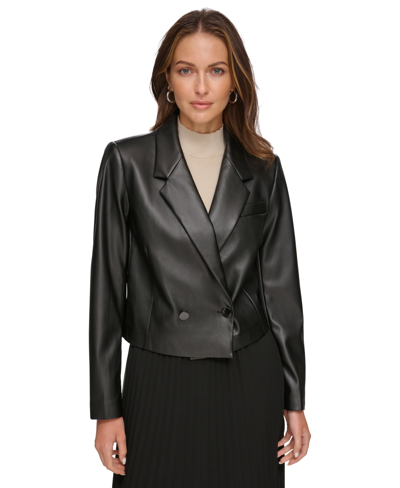 Shop Dkny Women's Cropped Double-breasted Faux Leather Blazer In Black