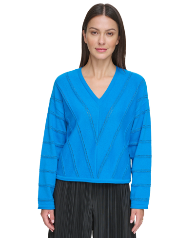 Shop Dkny Women's Metallic Chevron Knit Long-sleeve Sweater In Electric Blue