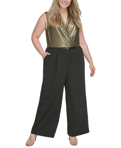Shop Tommy Hilfiger Plus Size Metallic-bodice Wide-leg Jumpsuit In Black.gold