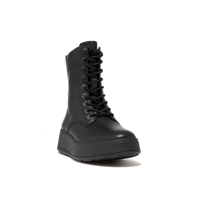 Shop Fitflop Women's F-mode Leather Or Nubuck Lace-up Flatform Ankle Boots In All Black- Leather