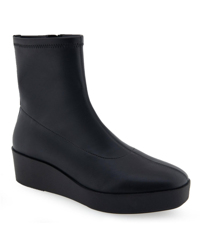 Shop Aerosoles Chiara Bootie-midcalf Bootie-wedge In Black - Strecth Faux Leather