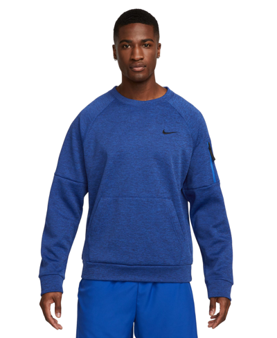 Shop Nike Men's Therma-fit Crewneck Long-sleeve Fitness Shirt In Blue Void,game Royal,htr,black