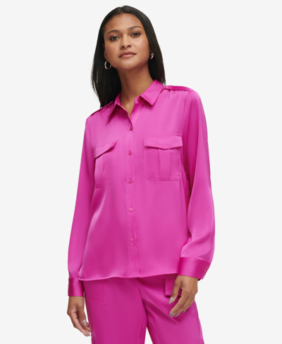 Shop Calvin Klein Women's Long-sleeve Button-front Shirt In Shocking Pink