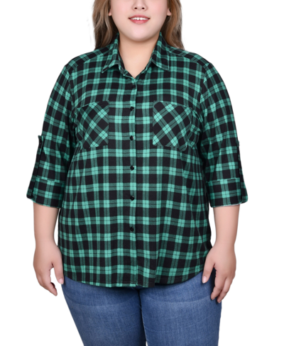 Shop Ny Collection Plus Size Long Sleeve Button Front Tunic Top In Green Black Plaid