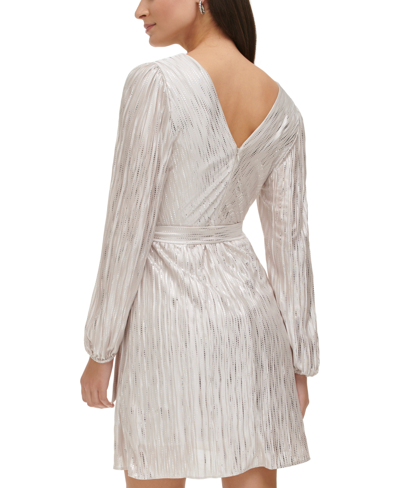 Shop Guess Women's Foil-dot V-neck Belted Long-sleeve Dress In Champagne