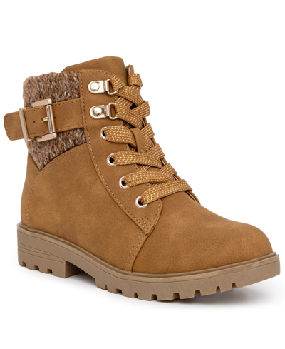 Shop Sugar Little Girls Payel Buckle Detail Knit Combat Boots In Taupe