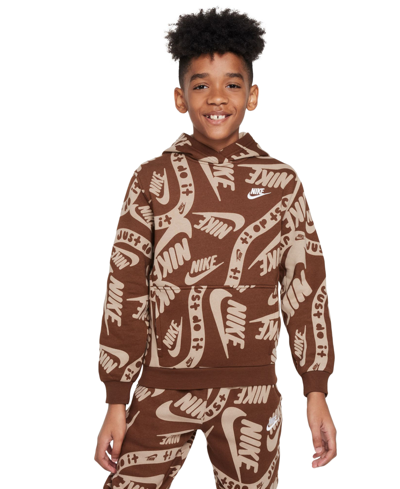 Shop Nike Big Kids Sportswear Club Fleece Printed Hoodie In Cacao Wow