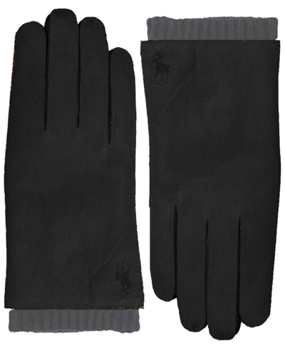 Shop Polo Ralph Lauren Men's Leather Gloves With Knit Cuffs In Black