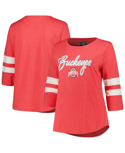 Shop Profile Women's  Heather Scarlet Ohio State Buckeyes Plus Size Mascot Sign 3/4-sleeve T-shirt