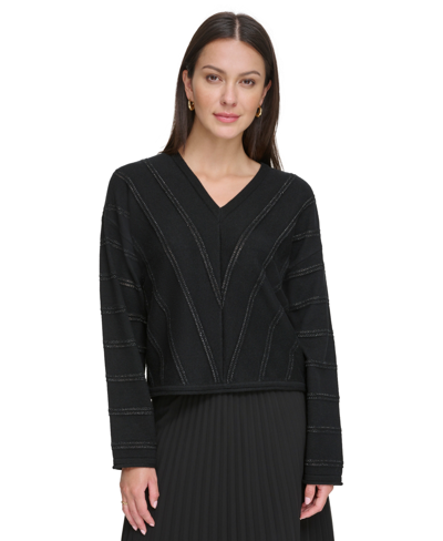 Shop Dkny Women's Metallic Chevron Knit Long-sleeve Sweater In Black