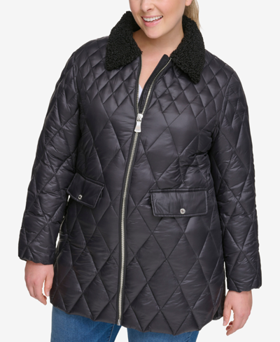 Shop Calvin Klein Plus Size Faux-fur-collar Quilted Coat In Black