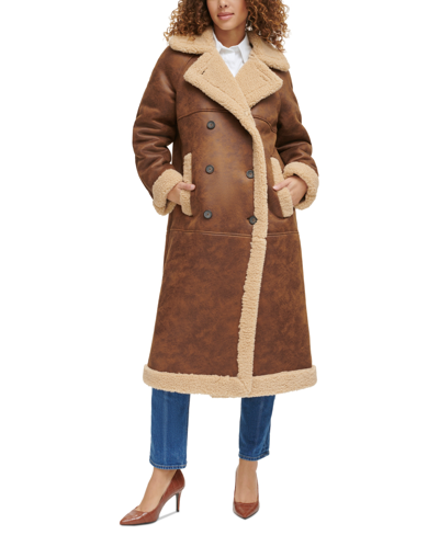 Shop Levi's Women's Long Faux-shearling-trimmed Button-down Coat In Brown