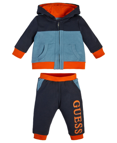Shop Guess Baby Boys French Terry Hoodie And Joggers, 2 Piece Set In Blue