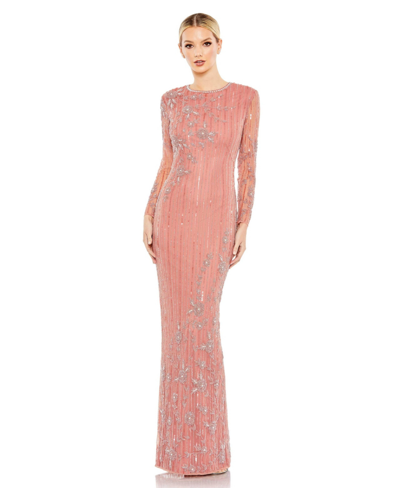 Shop Mac Duggal Women's Women's Embellished High Neck Illusion Long Sleeve Gown In Rose