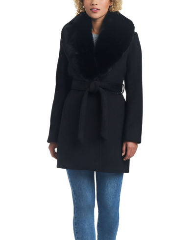 Shop Vince Camuto Women's Double Breasted Drap Wool Blend Fitted Wrap Coat In Black
