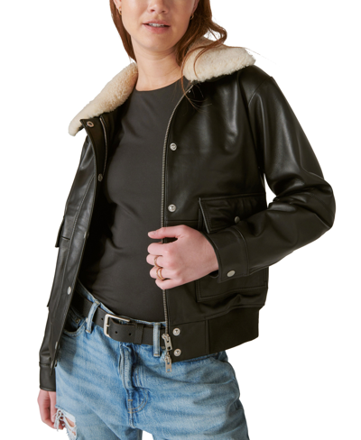 Shop Lucky Brand Women's Leather Shearling-collar Bomber Jacket In Black