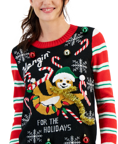Shop Planet Heart Juniors' Hangin' For The Holidays Sloth Sweater In True Red Combo