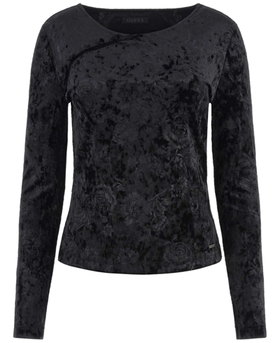 Shop Guess Women's Aida Crushed Velvet Long-sleeve Top In Jet Black A
